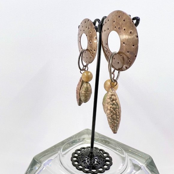 NWOT - Artisan BOHO Brass Tone Textured Metal Dangle Post Earrings - Picture 3 of 6